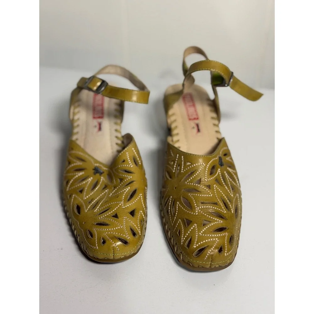 Pikolinos Sandals Olive Green Leather Laser Cut Out Ankle Strap Heels 36 Women